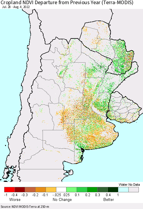 Southern South America Cropland NDVI Departure from Previous Year (Terra-MODIS) Thematic Map For 7/28/2022 - 8/4/2022