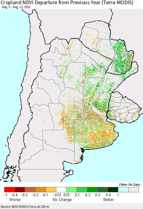 Southern South America Cropland NDVI Departure from Previous Year (Terra-MODIS) Thematic Map For 8/5/2022 - 8/12/2022