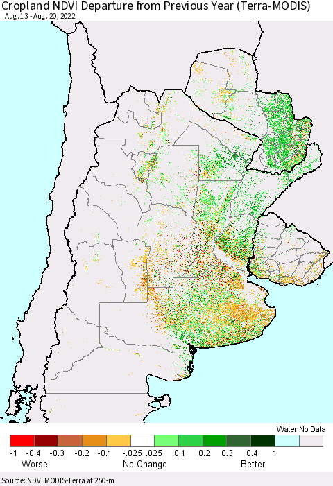 Southern South America Cropland NDVI Departure from Previous Year (Terra-MODIS) Thematic Map For 8/13/2022 - 8/20/2022
