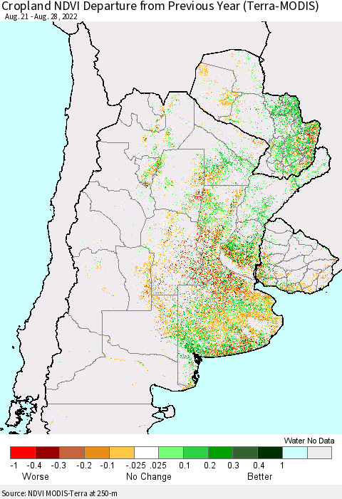 Southern South America Cropland NDVI Departure from Previous Year (Terra-MODIS) Thematic Map For 8/21/2022 - 8/28/2022