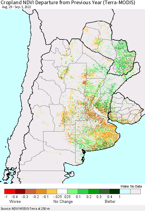Southern South America Cropland NDVI Departure from Previous Year (Terra-MODIS) Thematic Map For 8/29/2022 - 9/5/2022