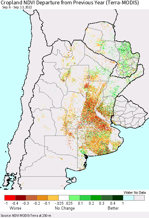 Southern South America Cropland NDVI Departure from Previous Year (Terra-MODIS) Thematic Map For 9/6/2022 - 9/13/2022