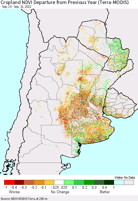 Southern South America Cropland NDVI Departure from Previous Year (Terra-MODIS) Thematic Map For 9/14/2022 - 9/21/2022