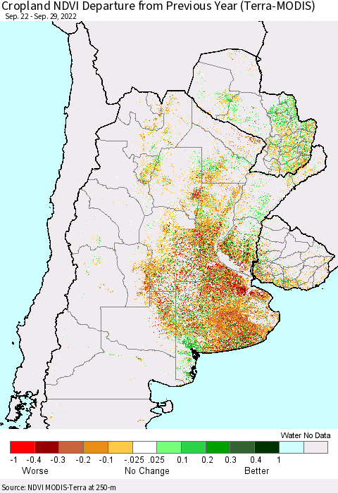Southern South America Cropland NDVI Departure from Previous Year (Terra-MODIS) Thematic Map For 9/22/2022 - 9/29/2022