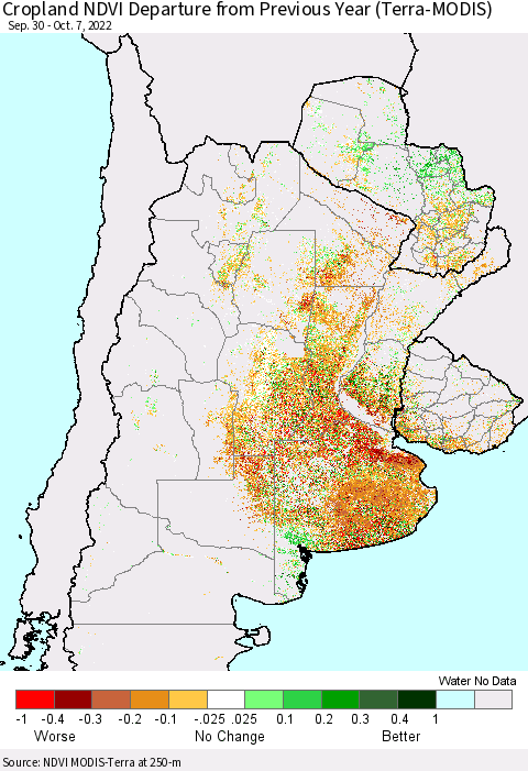 Southern South America Cropland NDVI Departure from Previous Year (Terra-MODIS) Thematic Map For 9/30/2022 - 10/7/2022