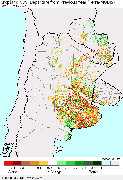 Southern South America Cropland NDVI Departure from Previous Year (Terra-MODIS) Thematic Map For 10/8/2022 - 10/15/2022