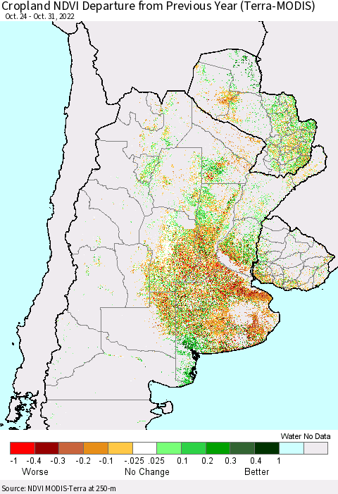 Southern South America Cropland NDVI Departure from Previous Year (Terra-MODIS) Thematic Map For 10/24/2022 - 10/31/2022