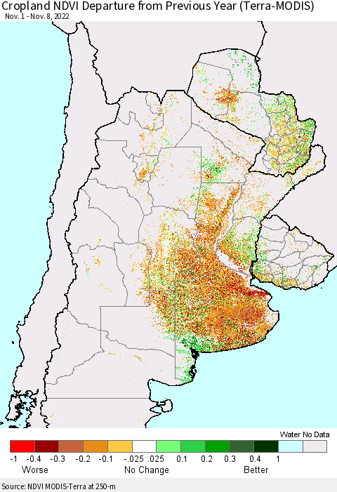 Southern South America Cropland NDVI Departure from Previous Year (Terra-MODIS) Thematic Map For 11/1/2022 - 11/8/2022