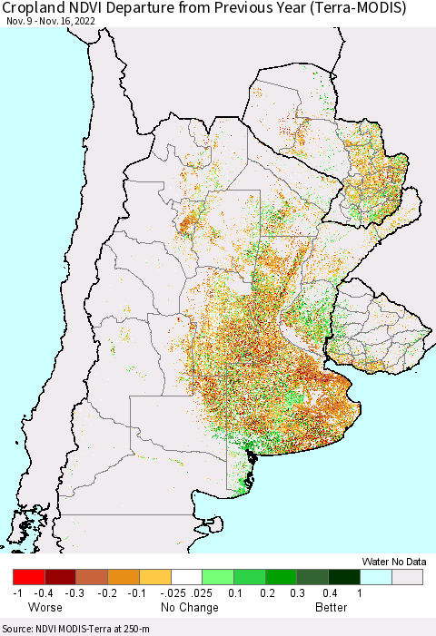 Southern South America Cropland NDVI Departure from Previous Year (Terra-MODIS) Thematic Map For 11/9/2022 - 11/16/2022