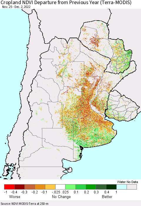 Southern South America Cropland NDVI Departure from Previous Year (Terra-MODIS) Thematic Map For 11/25/2022 - 12/2/2022