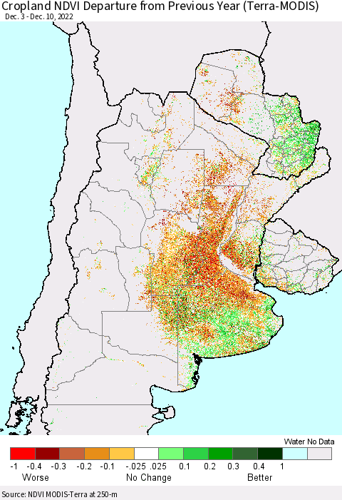 Southern South America Cropland NDVI Departure from Previous Year (Terra-MODIS) Thematic Map For 12/3/2022 - 12/10/2022