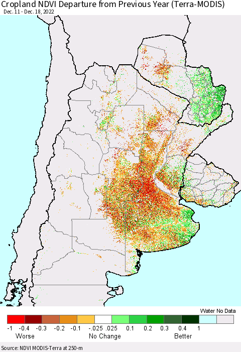 Southern South America Cropland NDVI Departure from Previous Year (Terra-MODIS) Thematic Map For 12/11/2022 - 12/18/2022