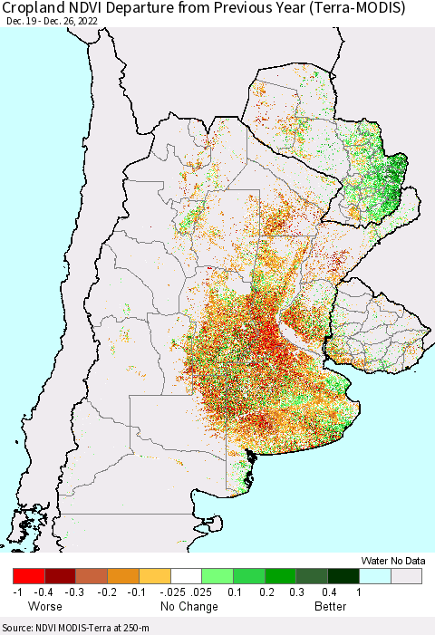 Southern South America Cropland NDVI Departure from Previous Year (Terra-MODIS) Thematic Map For 12/19/2022 - 12/26/2022
