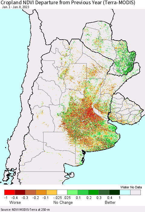 Southern South America Cropland NDVI Departure from Previous Year (Terra-MODIS) Thematic Map For 1/1/2023 - 1/8/2023