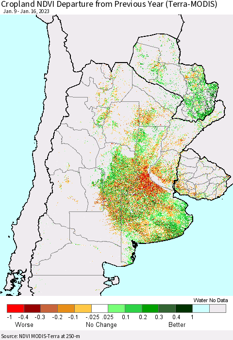 Southern South America Cropland NDVI Departure from Previous Year (Terra-MODIS) Thematic Map For 1/9/2023 - 1/16/2023