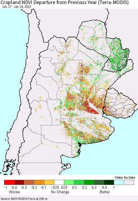 Southern South America Cropland NDVI Departure from Previous Year (Terra-MODIS) Thematic Map For 1/17/2023 - 1/24/2023