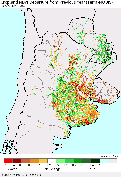 Southern South America Cropland NDVI Departure from Previous Year (Terra-MODIS) Thematic Map For 1/25/2023 - 2/1/2023