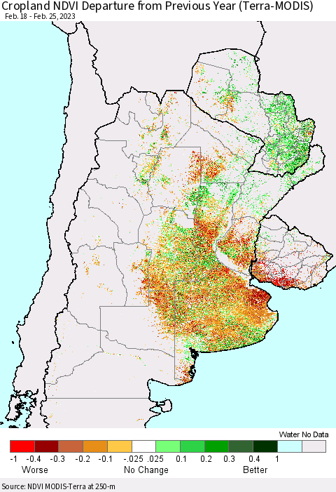 Southern South America Cropland NDVI Departure from Previous Year (Terra-MODIS) Thematic Map For 2/18/2023 - 2/25/2023