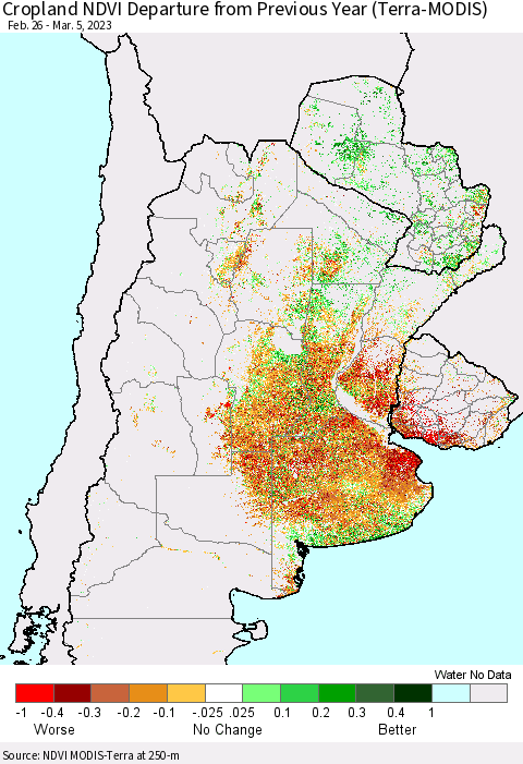 Southern South America Cropland NDVI Departure from Previous Year (Terra-MODIS) Thematic Map For 2/26/2023 - 3/5/2023