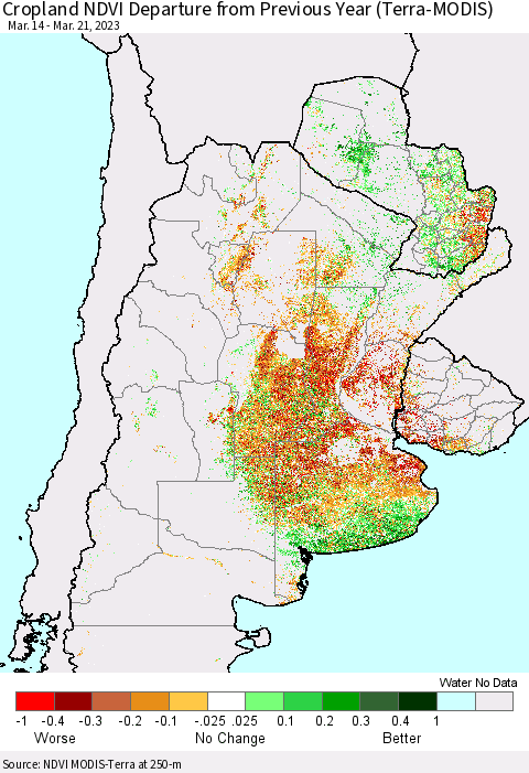 Southern South America Cropland NDVI Departure from Previous Year (Terra-MODIS) Thematic Map For 3/14/2023 - 3/21/2023