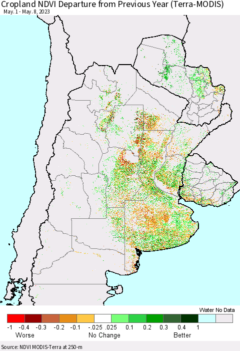 Southern South America Cropland NDVI Departure from Previous Year (Terra-MODIS) Thematic Map For 5/1/2023 - 5/8/2023