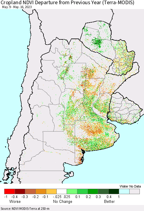 Southern South America Cropland NDVI Departure from Previous Year (Terra-MODIS) Thematic Map For 5/9/2023 - 5/16/2023