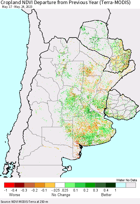 Southern South America Cropland NDVI Departure from Previous Year (Terra-MODIS) Thematic Map For 5/17/2023 - 5/24/2023