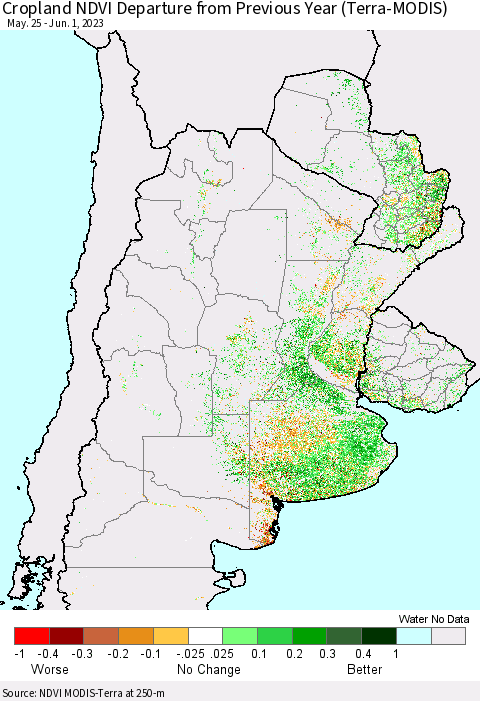 Southern South America Cropland NDVI Departure from Previous Year (Terra-MODIS) Thematic Map For 5/25/2023 - 6/1/2023