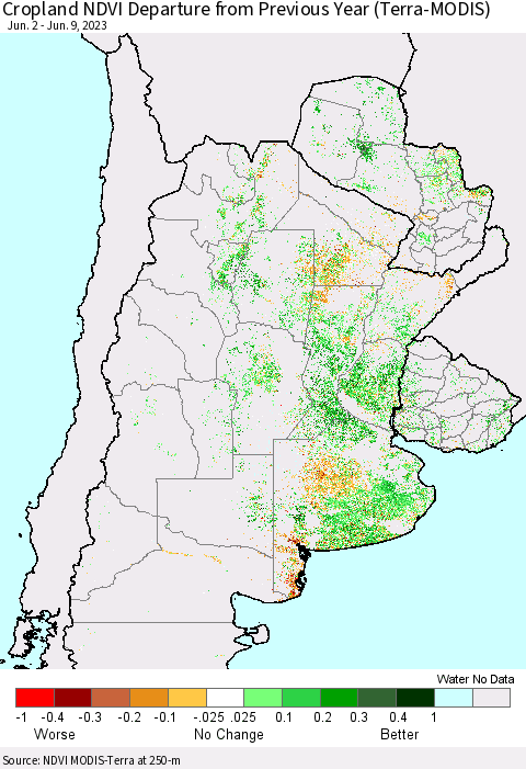 Southern South America Cropland NDVI Departure from Previous Year (Terra-MODIS) Thematic Map For 6/2/2023 - 6/9/2023