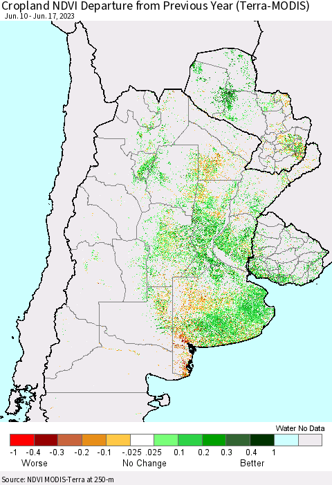 Southern South America Cropland NDVI Departure from Previous Year (Terra-MODIS) Thematic Map For 6/10/2023 - 6/17/2023