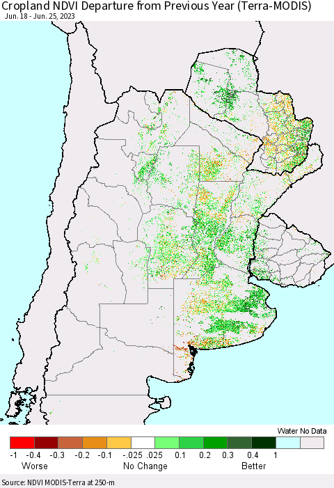 Southern South America Cropland NDVI Departure from Previous Year (Terra-MODIS) Thematic Map For 6/18/2023 - 6/25/2023