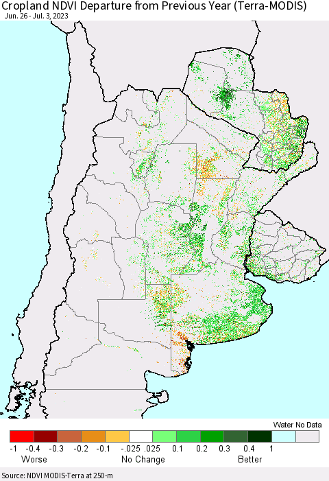 Southern South America Cropland NDVI Departure from Previous Year (Terra-MODIS) Thematic Map For 6/26/2023 - 7/3/2023