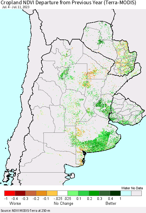 Southern South America Cropland NDVI Departure from Previous Year (Terra-MODIS) Thematic Map For 7/4/2023 - 7/11/2023