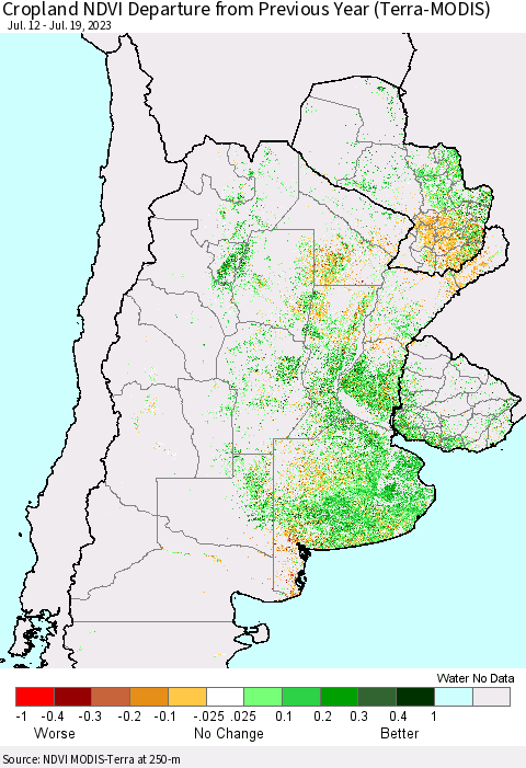 Southern South America Cropland NDVI Departure from Previous Year (Terra-MODIS) Thematic Map For 7/12/2023 - 7/19/2023