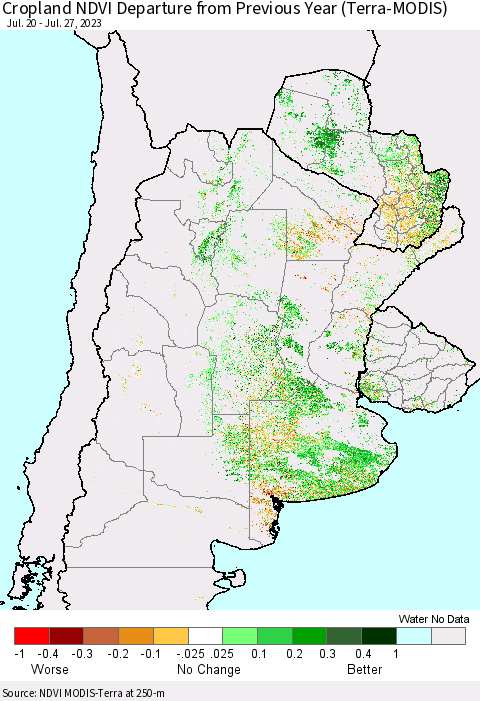 Southern South America Cropland NDVI Departure from Previous Year (Terra-MODIS) Thematic Map For 7/20/2023 - 7/27/2023