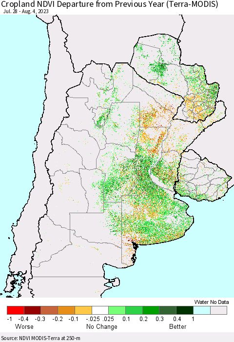 Southern South America Cropland NDVI Departure from Previous Year (Terra-MODIS) Thematic Map For 7/28/2023 - 8/4/2023