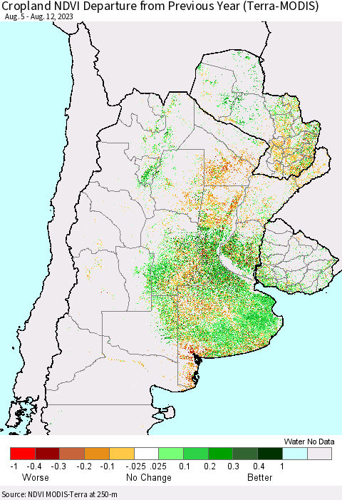 Southern South America Cropland NDVI Departure from Previous Year (Terra-MODIS) Thematic Map For 8/5/2023 - 8/12/2023
