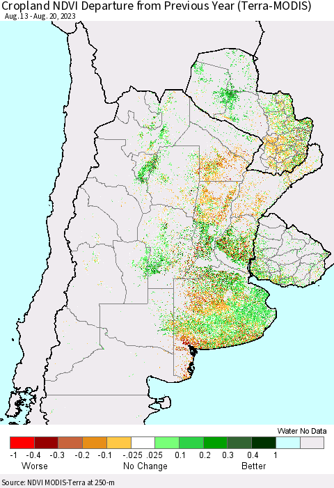 Southern South America Cropland NDVI Departure from Previous Year (Terra-MODIS) Thematic Map For 8/13/2023 - 8/20/2023