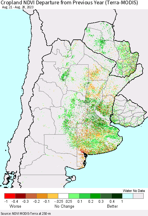 Southern South America Cropland NDVI Departure from Previous Year (Terra-MODIS) Thematic Map For 8/21/2023 - 8/28/2023