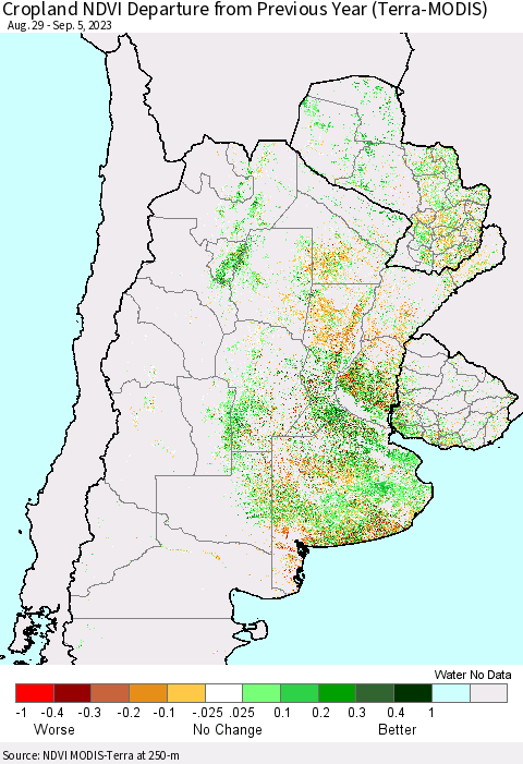 Southern South America Cropland NDVI Departure from Previous Year (Terra-MODIS) Thematic Map For 8/29/2023 - 9/5/2023