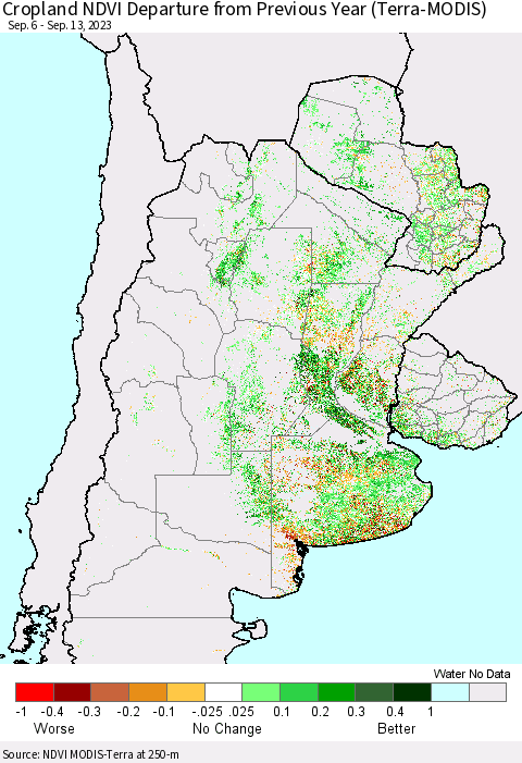 Southern South America Cropland NDVI Departure from Previous Year (Terra-MODIS) Thematic Map For 9/6/2023 - 9/13/2023