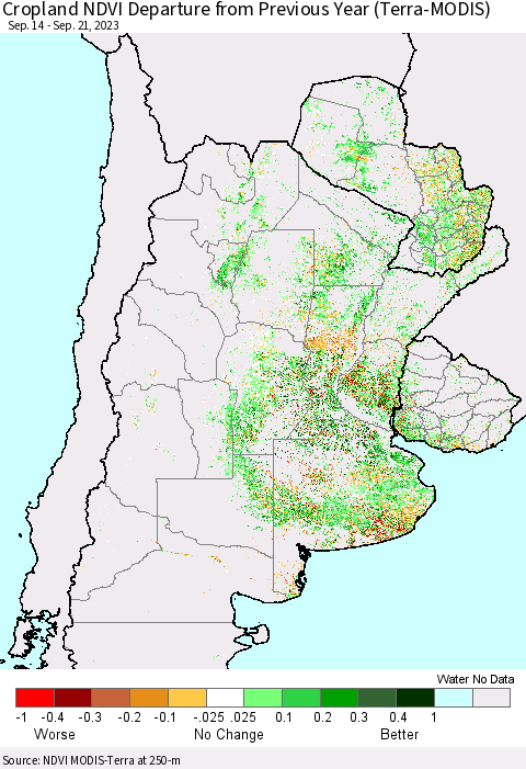 Southern South America Cropland NDVI Departure from Previous Year (Terra-MODIS) Thematic Map For 9/14/2023 - 9/21/2023