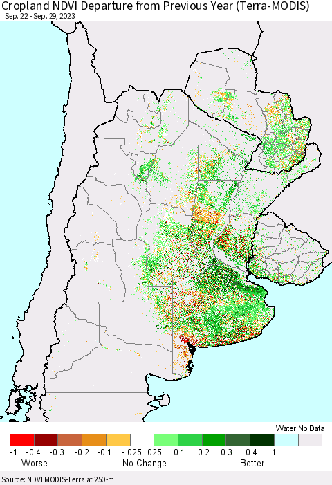 Southern South America Cropland NDVI Departure from Previous Year (Terra-MODIS) Thematic Map For 9/22/2023 - 9/29/2023