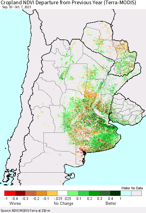 Southern South America Cropland NDVI Departure from Previous Year (Terra-MODIS) Thematic Map For 9/30/2023 - 10/7/2023