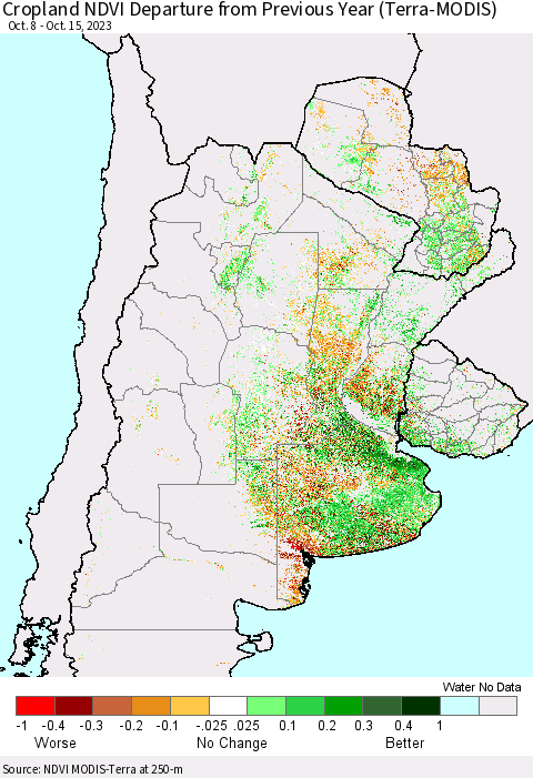 Southern South America Cropland NDVI Departure from Previous Year (Terra-MODIS) Thematic Map For 10/8/2023 - 10/15/2023