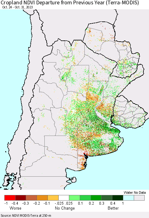 Southern South America Cropland NDVI Departure from Previous Year (Terra-MODIS) Thematic Map For 10/24/2023 - 10/31/2023