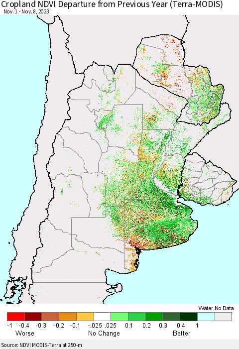 Southern South America Cropland NDVI Departure from Previous Year (Terra-MODIS) Thematic Map For 11/1/2023 - 11/8/2023