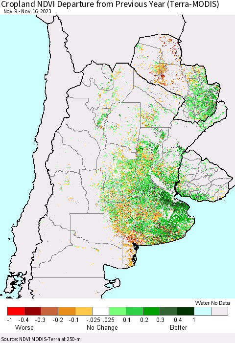 Southern South America Cropland NDVI Departure from Previous Year (Terra-MODIS) Thematic Map For 11/9/2023 - 11/16/2023