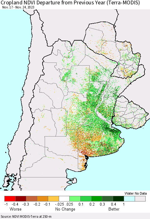 Southern South America Cropland NDVI Departure from Previous Year (Terra-MODIS) Thematic Map For 11/17/2023 - 11/24/2023
