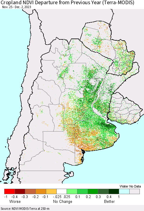 Southern South America Cropland NDVI Departure from Previous Year (Terra-MODIS) Thematic Map For 11/25/2023 - 12/2/2023